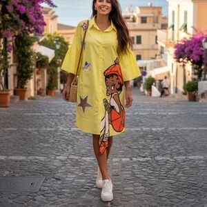 #A300  NANCY DOPAMINE DRESSING CARTOON-CORE OVERSIZED YELLOW SHIRT DRESS NWT L
